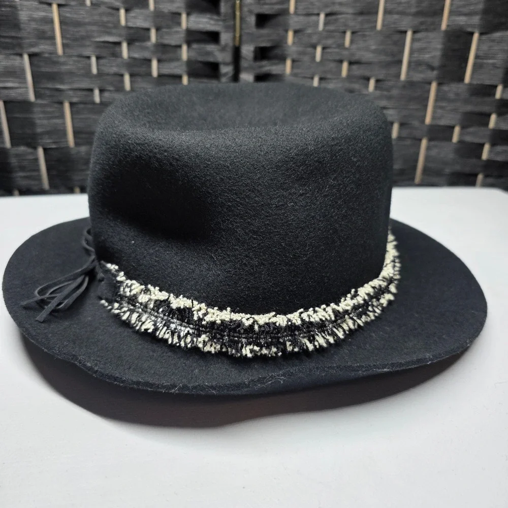 Nine West Black 100% Wool Fedora Hat Tweed Band Bow Accent One Size Wide Brim